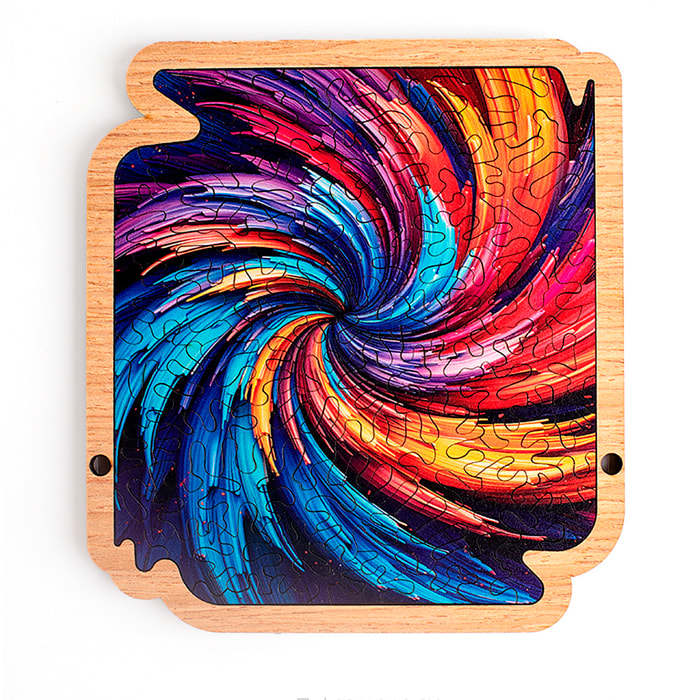 Puzzle e cornice in legno con 77 pezzi. Design Tornado colorato.