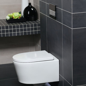 Pack WC sans bride, fixations invisibles + Abattant softclose + Bâti support Geberit UP100 + Plaque Delta 01 Blanche