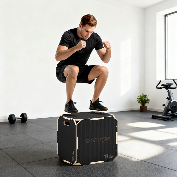 Cajón Pliométrico de Madera 3 en 1, Plataforma de Caja Pliométrica con 3 Alturas Ajustables 61/51/41 cm, Asas, sin Esquinas, Entrenamiento de Salto, Fuerza, para Casa, Gimnasio y Exterior