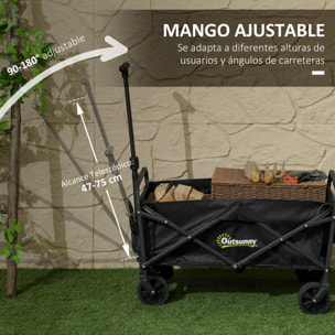 Carro Playa con Ruedas Carro de Jardín Plegable con Asa Telescópica Ajustable 2 Bolsas de Almacenaje Carga 120 kg Carrito Transporte para Todo Terreno Jardín Campaá±a Compra Negro
