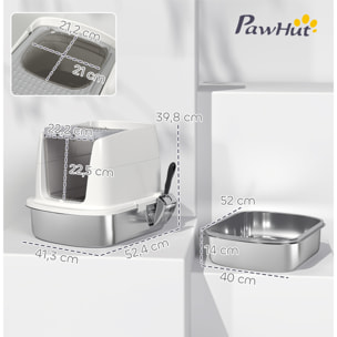 Arenero para Gatos de Acero Inoxidable L, Caja de Arena para Gatos con Tapa Abatible, Pala Metálica, Bolsa Desodorizante, Fácil de Limpiar, Antifugas, Blanco