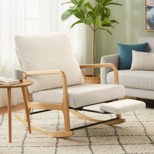 Silla Mecedora con Reposapiés, Respaldo Ajustable, Mecedora de Pana Nórdica, Patas de Madera, Reposabrazos, Cojín Lumbar, Sillón para Lactancia, Carga 120 kg, para Dormitorio, Salón, Crema