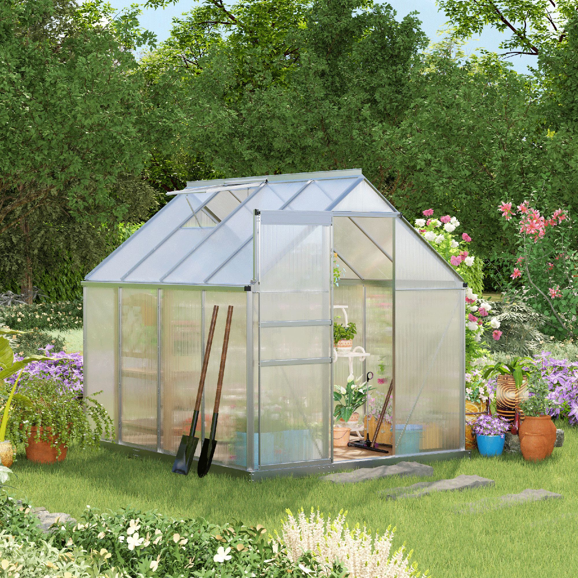 Serre de jardin aluminium polycarbonate 4,8 m² dim. 2,53L x 1,9l x 2H m lucarne réglable fondation porte coulissante