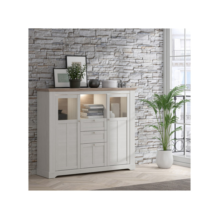 Buffet vitrine en bois effet chêne clair blanchi avec éclairage LED - ILONA