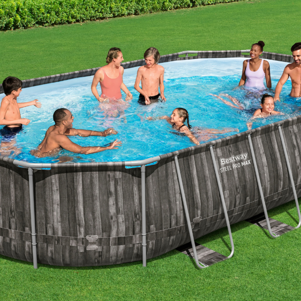 Bestway Piscine hors sol tubulaire ovale Bestway Power Steel 610 x 366 x 122 cm décor bois
