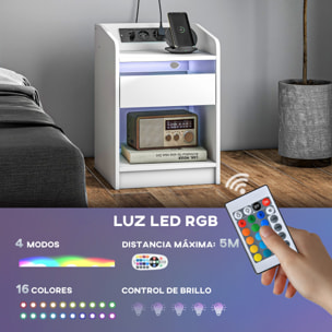 Mesita de Noche Mesilla de Noche con Luces LED Mesa de Noche con Cajón Estante Estación de Carga Puertos USB y Control Remoto 40x40x58 cm Blanco