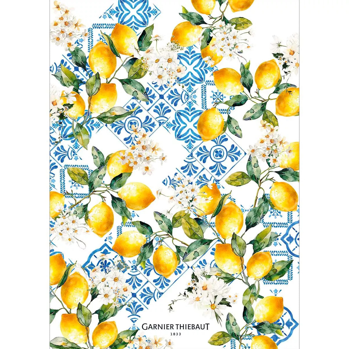 Torchon lin & coton lavé 190 g/m² imprimé bleu jaune Citrons azulejos bleu