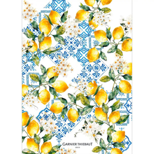 Torchon lin & coton lavé 190 g/m² imprimé bleu jaune Citrons azulejos bleu