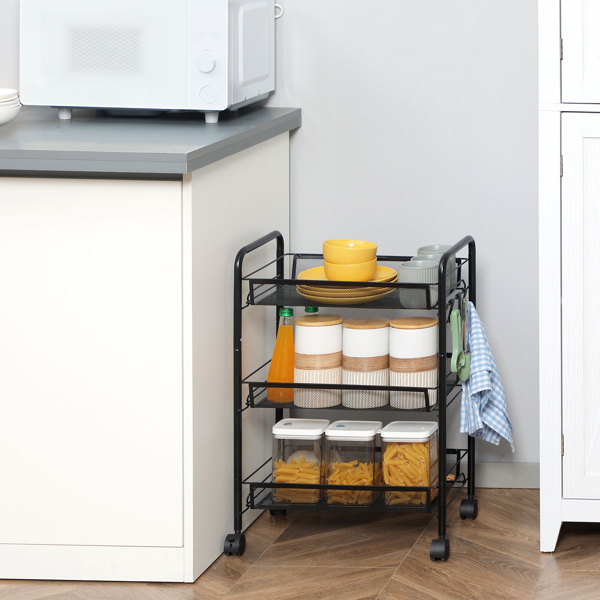 Carrito Auxiliar con Ruedas, Carrito de Cocina de Acero, con 3 Cestas, Carga 9 kg, para Comedor, Sala de Estar, Baño, 45x26,5x63 cm, Negro