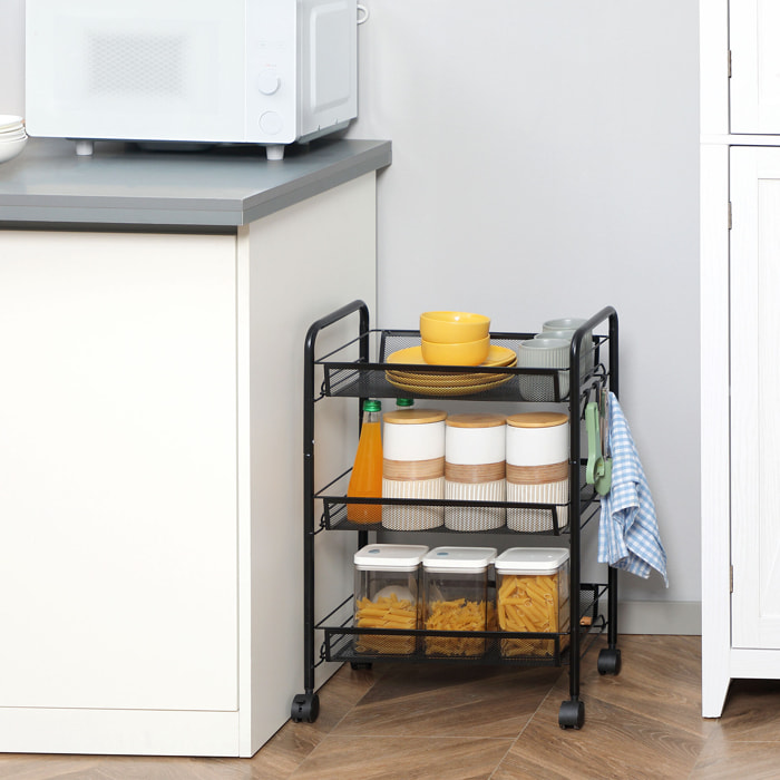 Carrito Auxiliar con Ruedas, Carrito de Cocina de Acero, con 3 Cestas, Carga 9 kg, para Comedor, Sala de Estar, Baño, 45x26,5x63 cm, Negro