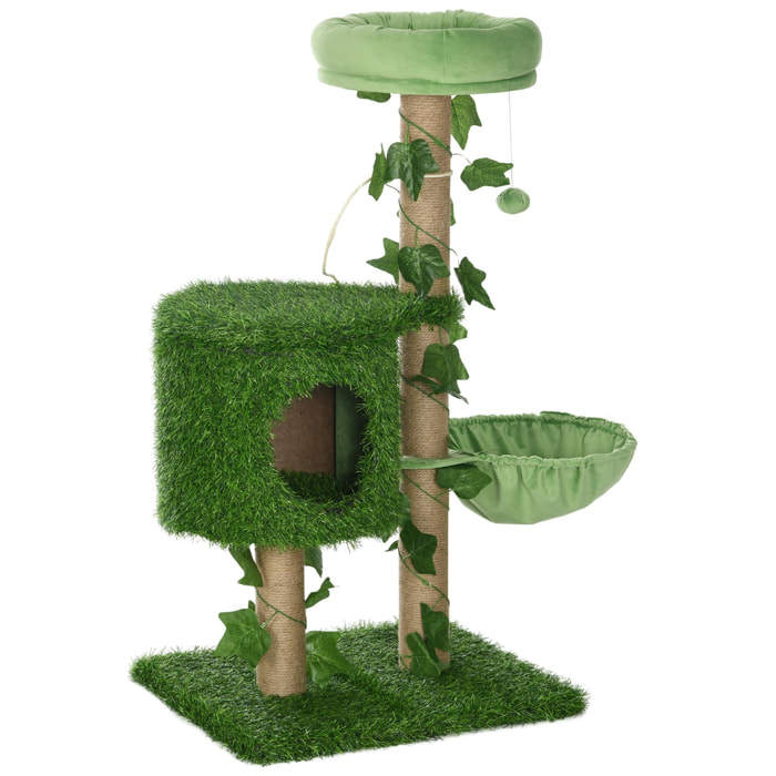 Árbol Rascador para Gatos 91 cm Torre para 1-2 Gatos con Caseta Cama Hamaca Poste de Yute y Bola Colgante 50x40x91 cm Verde