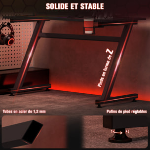 Bureau gaming plateau effet fibre de carbone dim. 120L x 65l cm bracket casque porte-gobelet passe-câble noir