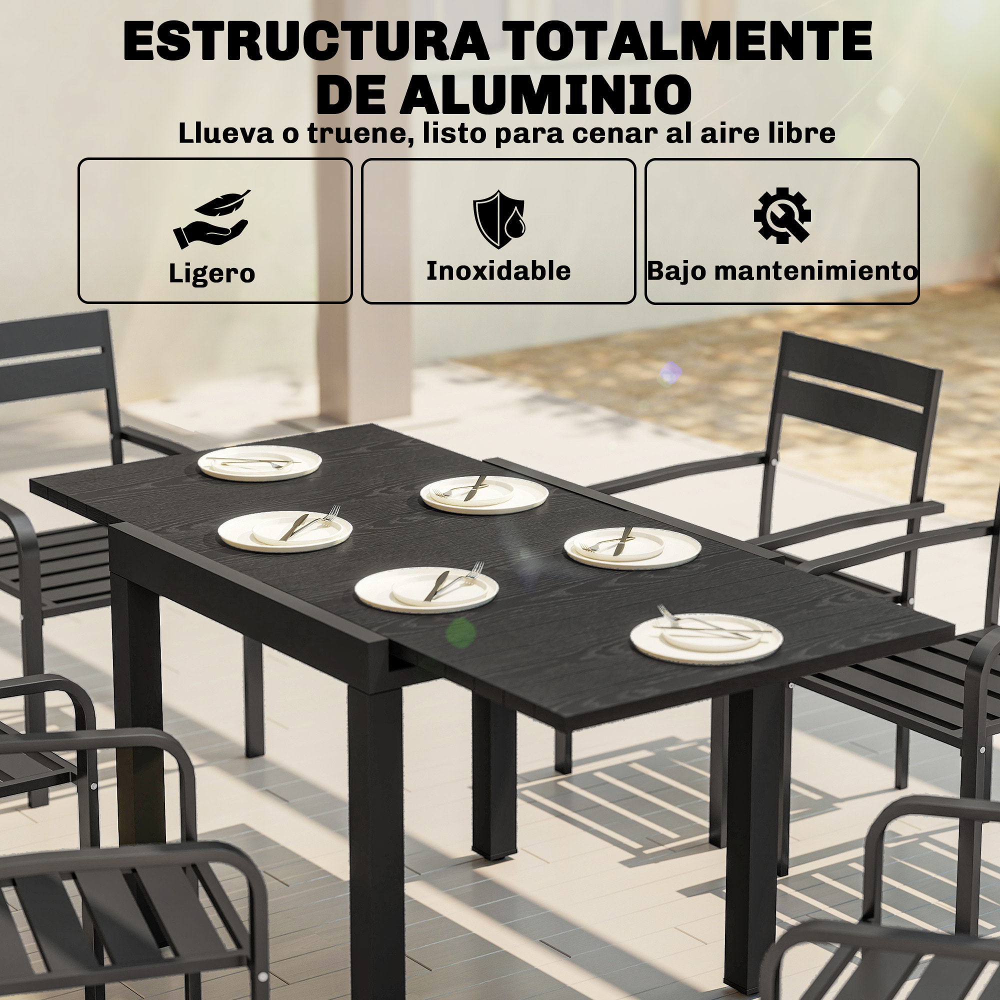 Mesa de Jardín Extensible 80/160x80 cm, Mesa de Comedor Exterior Extensible Rectangular de Aluminio, con Superficie de Lamas de Efecto Madera, para 4-6 Personas, para Patio, Terraza, Negro