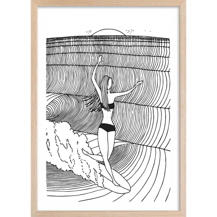 Poster surfeuse nose-riding Affiche + cadre en bois - Chêne