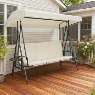 Balancelle de jardin 3 places grand confort - toit réglable, 2 tablettes latérales, coussins - acier polyester crème