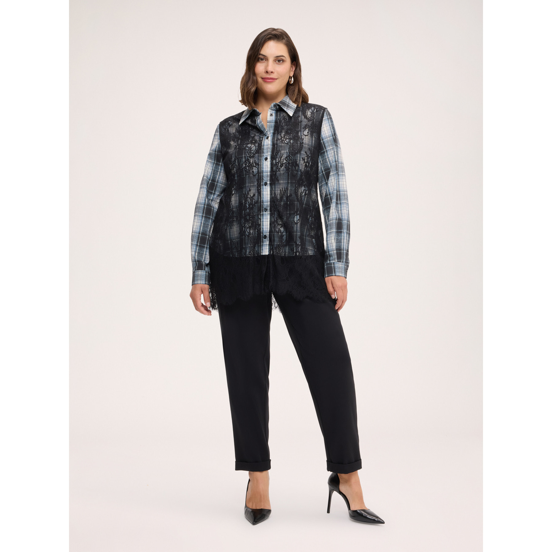 Fiorella Rubino - Camicia check con inserti in pizzo floreale - Nero