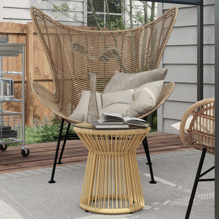 Mesa Auxiliar de Ratán Sintético Mesa de Centro Redonda con Tablero de Vidrio Templado y Marco de Metal Carga 30 kg para Patio Jardín Balcón Ø40x42 cm Beige