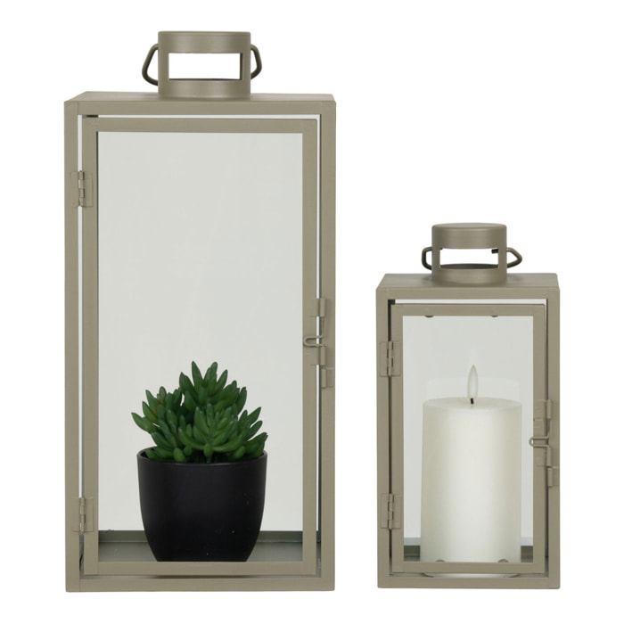 Set 2 lanterne in metallo e vetro Corfu — verde salvia, misure graduate