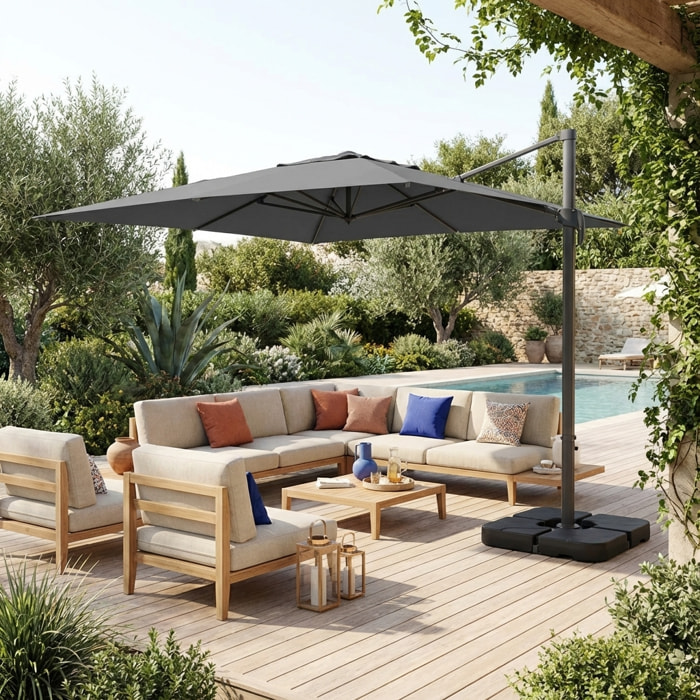 Parasol déporté rectangulaire 3x4m + dalles à lester 50x50cm ANTIBES + DALLES