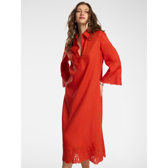Elena Mirò - Vestido de lino con encaje - Naranja sol