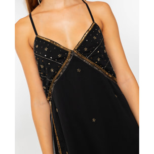 Vestido corto de tirantes con bordados de mujer