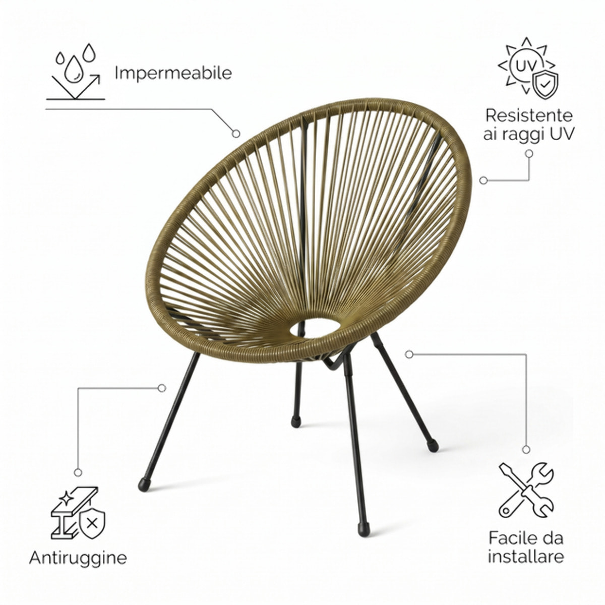 Sedia da giardino in acciaio e vimini sintetico multistring, poltrona outdoor design moderno, resistente a UV e acqua, antiruggine e facile da montare, seduta ergonomica e traspirante, ideale per balcone terrazzo e giardino