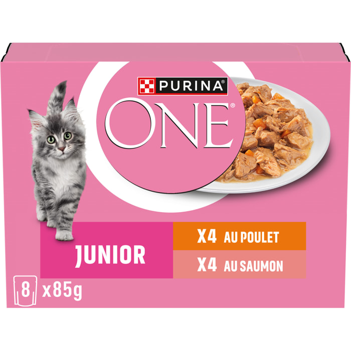 PURINA ONE Chat Kitten Effilés Sauce Saumon Poulet 8x85g - Lot de 10