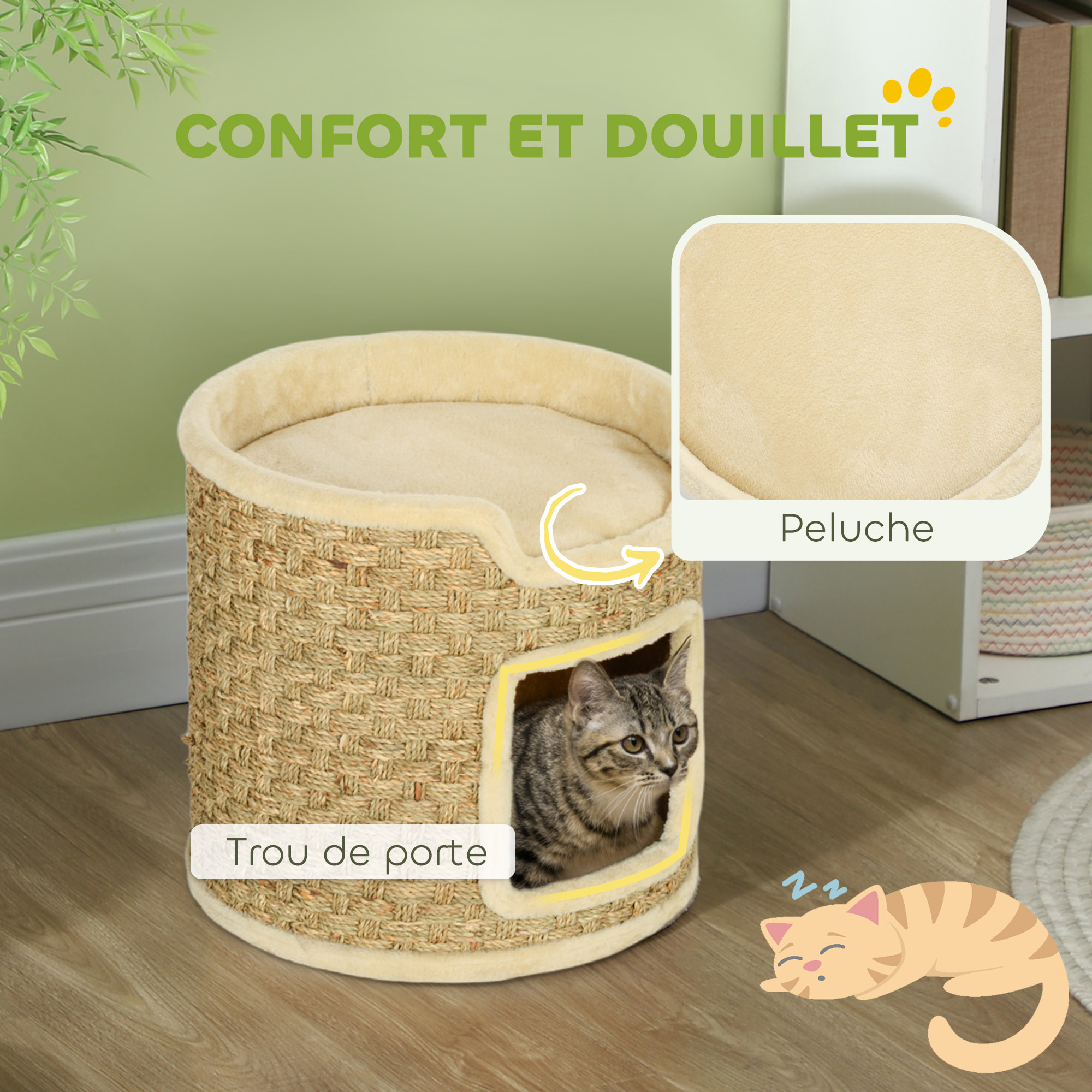 Panier coussin griffoir chat 3 en 1 design tonneau - Ø 38 x 37H cm - jonc de mer peluche beige