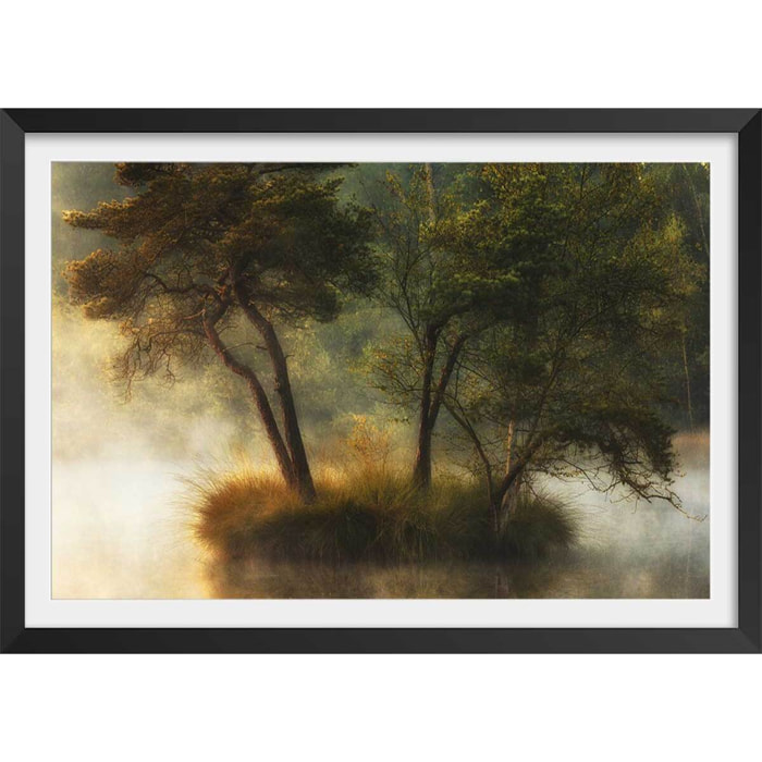 Affiche Ilôt et lac en automne Affiche + cadre en bois - Noir