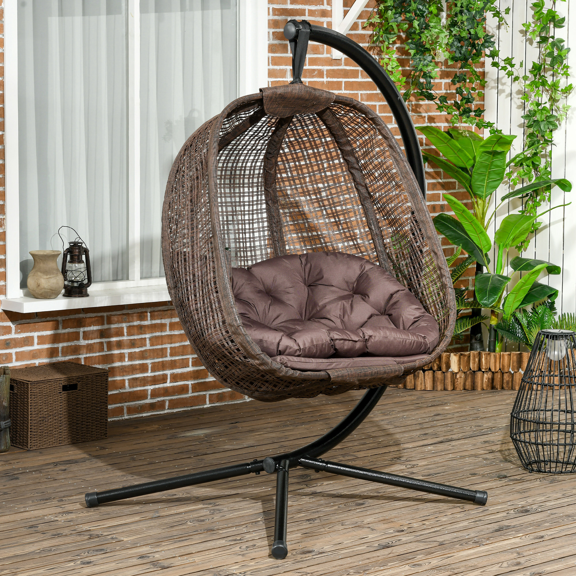 Silla Colgante con Efecto Imitación Ratán Sillón Colgante con Soporte de Acero Cesta Plegable Bolsa de Taza y Cojines Carga 120 kg para Interior y Exterior Café