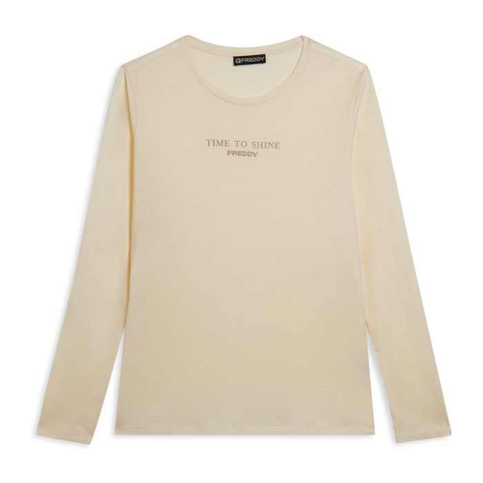 T-shirt donna a manica lunga con banda logata sulle spalle