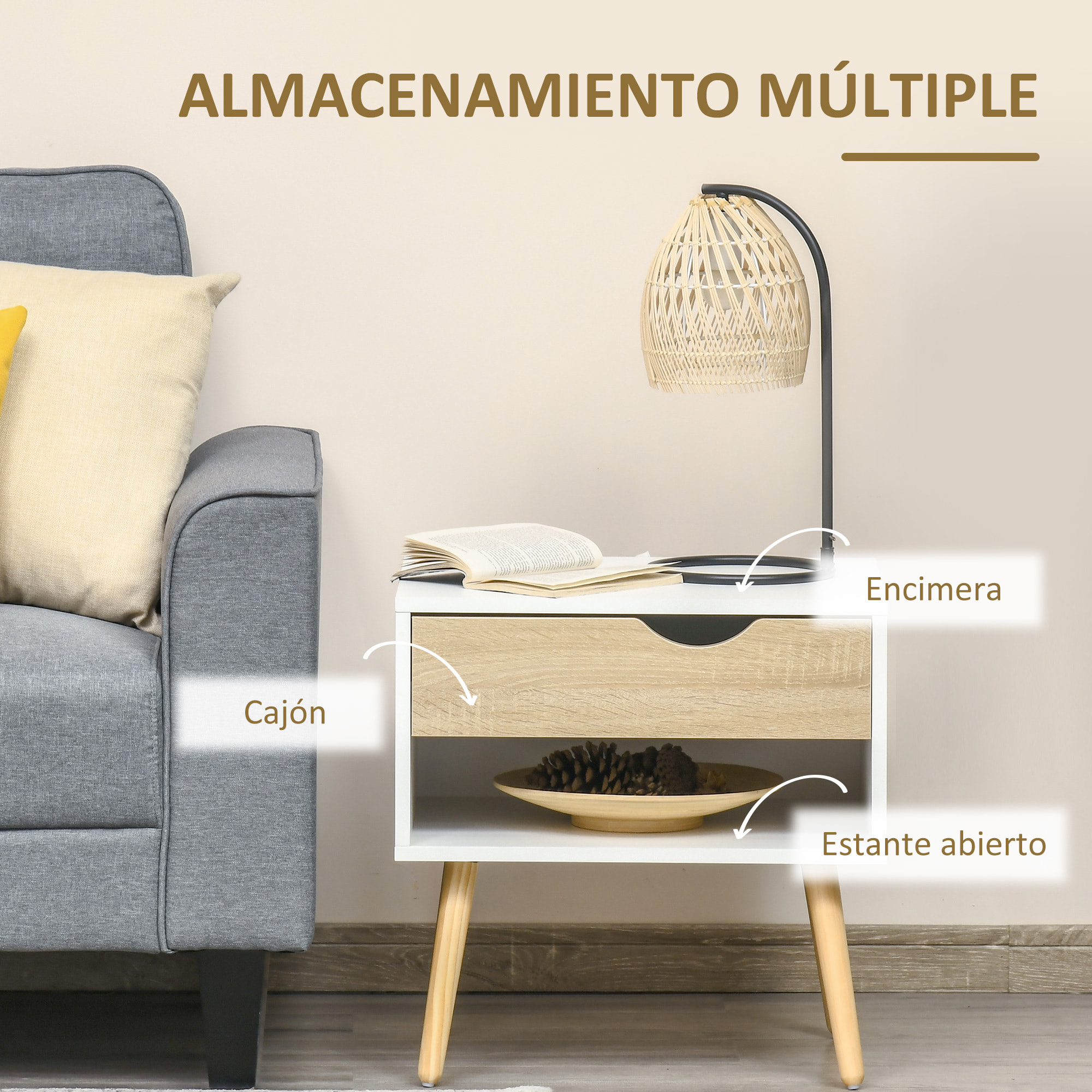 Set de 2 Mesitas de Noche Mesa Auxiliar con 1 Cajón y Estante de Almacenamiento para Dormitorio Salón Cama Oficina Estilo Moderno 50x39x51 cm Blanco y Roble