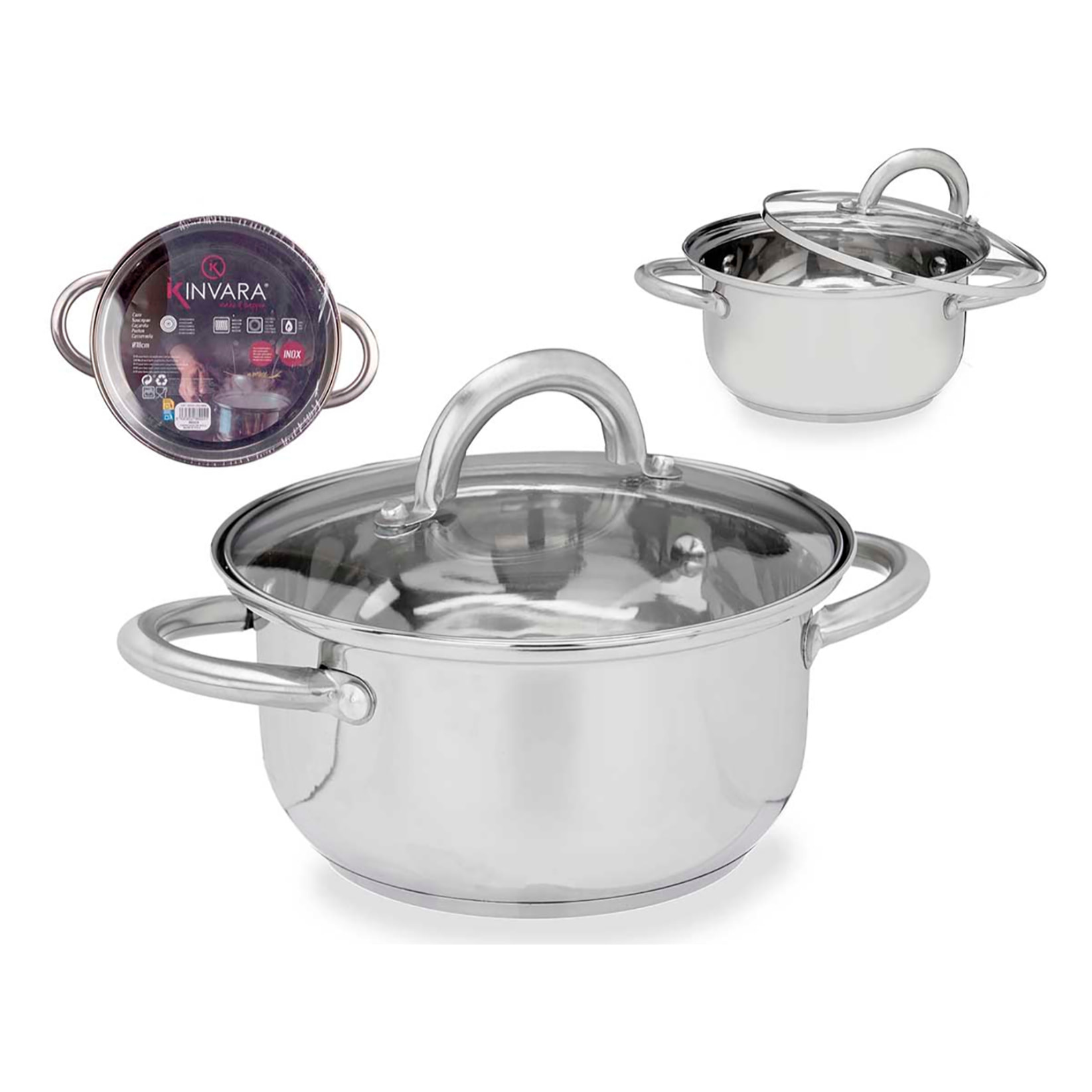 DAM Casseruola IN ACCIAIO INOX SS201 18 CM C COPERCHIO IN VETRO 27x19,5x10 Cm. Color argento