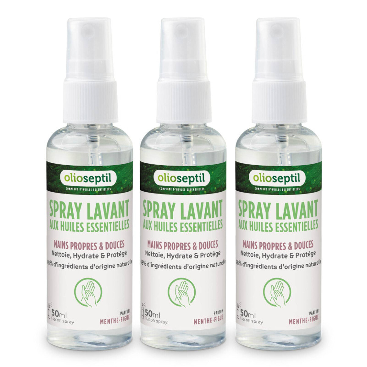 OLIOSEPTIL - Spray Lavant aux Huiles Essentielles - Mains propres et douces - 98% d'ingrédients d'origine naturelle - Nettoie, hydrate & protège - Sans rinçage - Parfum Menthe-Figue - Spray 50ml - Lot de 3