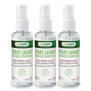 OLIOSEPTIL - Spray Lavant aux Huiles Essentielles - Mains propres et douces - 98% d'ingrédients d'origine naturelle - Nettoie, hydrate & protège - Sans rinçage - Parfum Menthe-Figue - Spray 50ml - Lot de 3