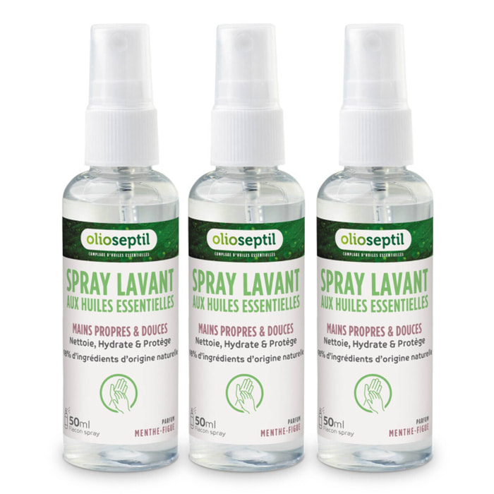 OLIOSEPTIL - Spray Lavant aux Huiles Essentielles - Mains propres et douces - 98% d'ingrédients d'origine naturelle - Nettoie, hydrate & protège - Sans rinçage - Parfum Menthe-Figue - Spray 50ml - Lot de 3