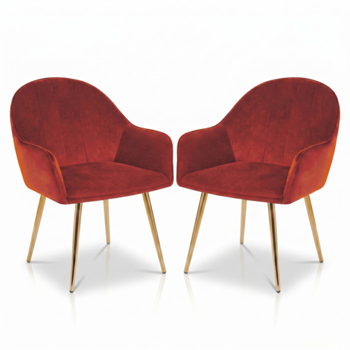 Set 2 poltrone in velluto con gambe oro, sedie imbottite design elegante e moderno, struttura in legno con schienale e seduta confortevoli, rivestimento effetto velluto morbido, ideali per soggiorno camera e ufficio, stile raffinato