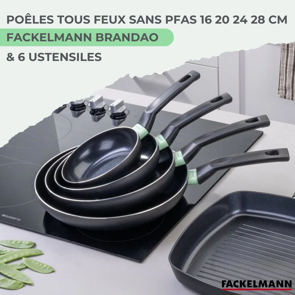 Ensemble de 4 poêles de 16 20 24 et 28 cm et 6 ustensiles Fackelmann Brandao