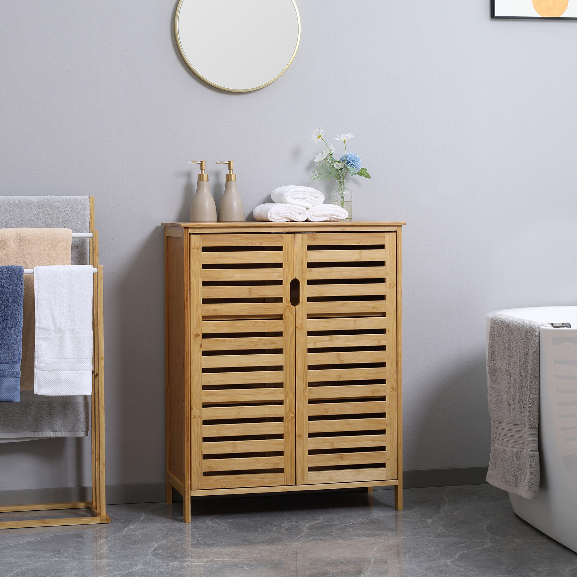 Meuble salle de bain bois bambou 2 portes 2 étagères dim. 60 x 30 x 120 cm naturel