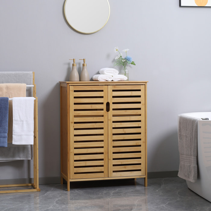 Meuble salle de bain bois bambou 2 portes 2 étagères dim. 60 x 30 x 120 cm naturel