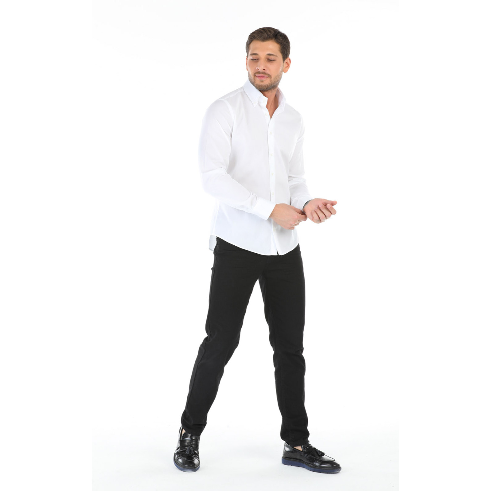 Camicia Uomo 2 Bottoni Button Down Slim Popeline Stretch Unito Bianco