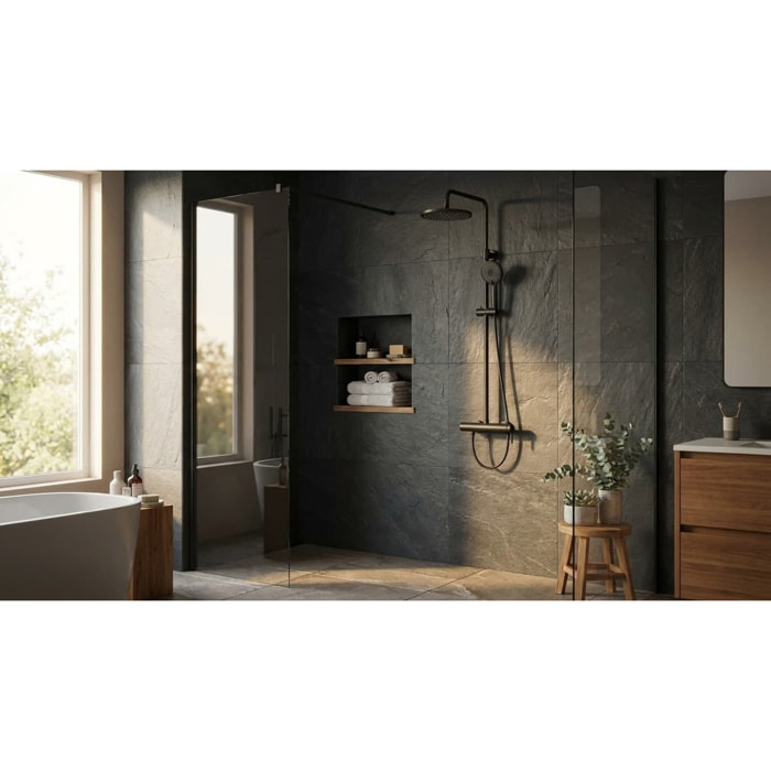 Système de douche mural avec mitigeur monocommande + douche de tête + douchette à main 3 jets, noir mat (SATSSPKCNEW)