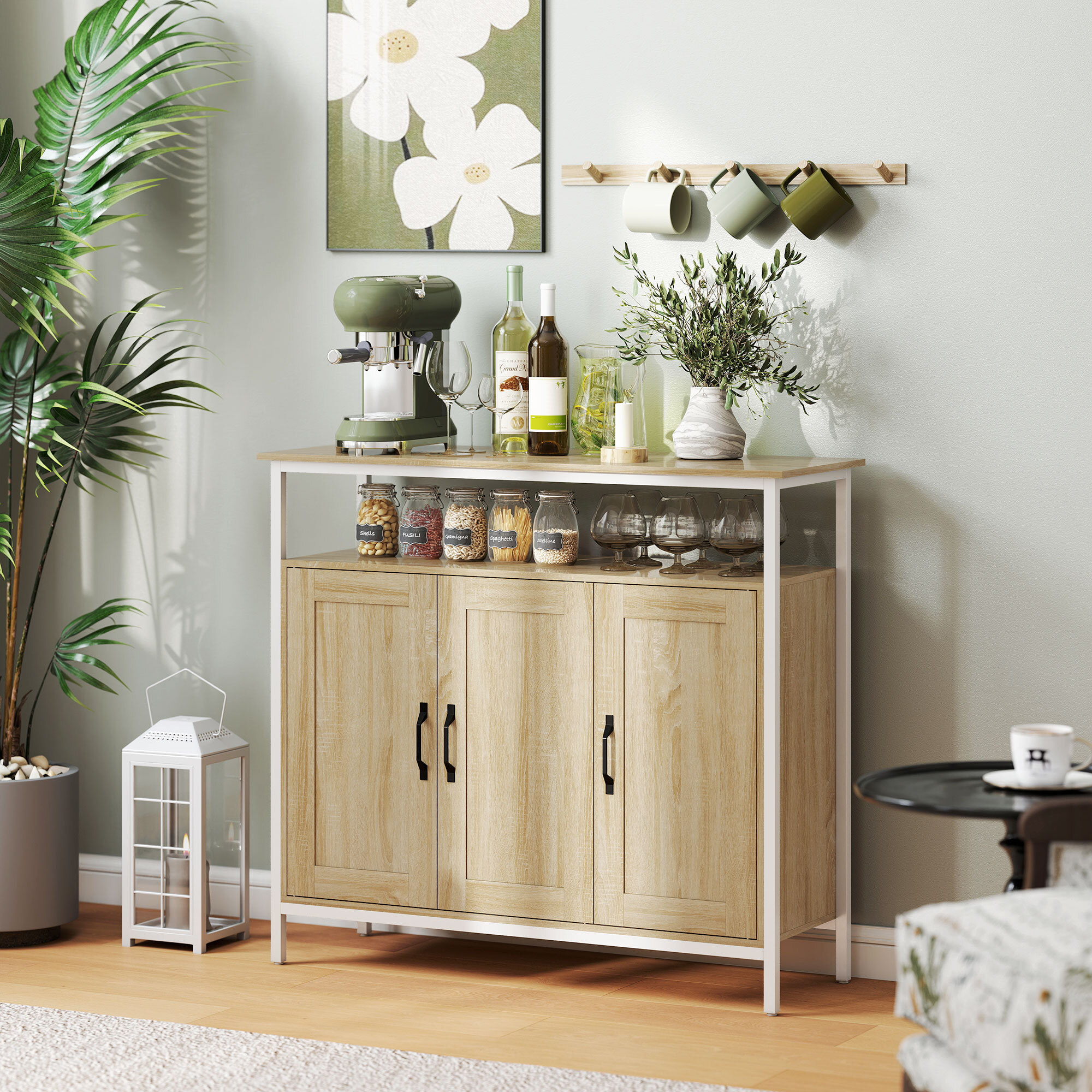 Buffet 3 portes 4 étagères grande niche dim. 100x35x88cm métal blanc effet chêne clair