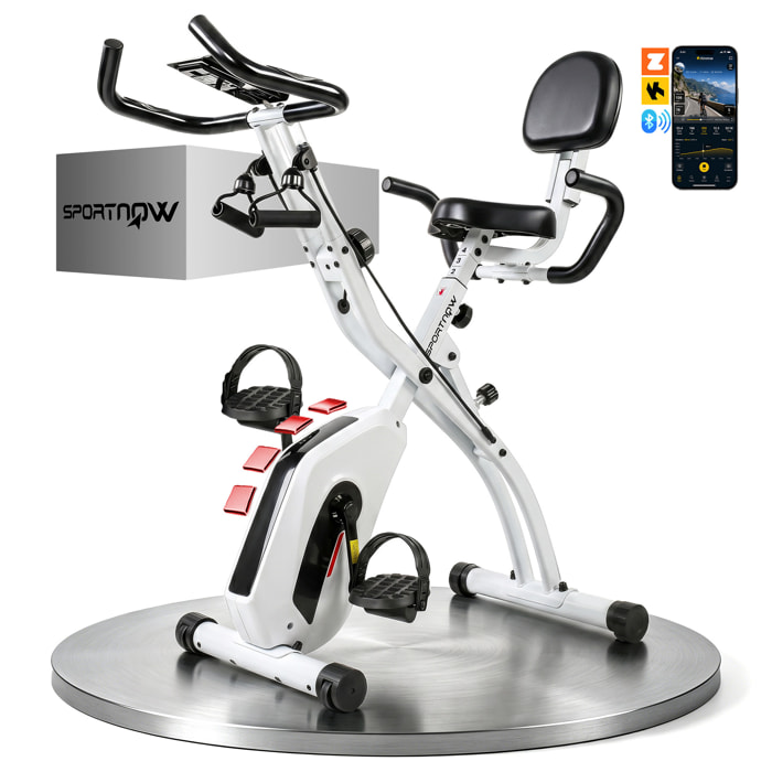 Bicicleta Estática Plegable 4 en 1 con Respaldo y 8 Niveles Resistencia Magnética Bicicleta Estática Casa Ajustable con Bluetooth Monitor LCD Volante Bandas Sensor Pulso Soporte Móvil Blanco