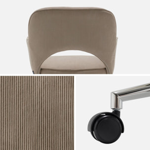 Chaise de bureau à roulettes velours côtelé taupe piétement chromé. L 60 x P 62 x H 89 / 99cm