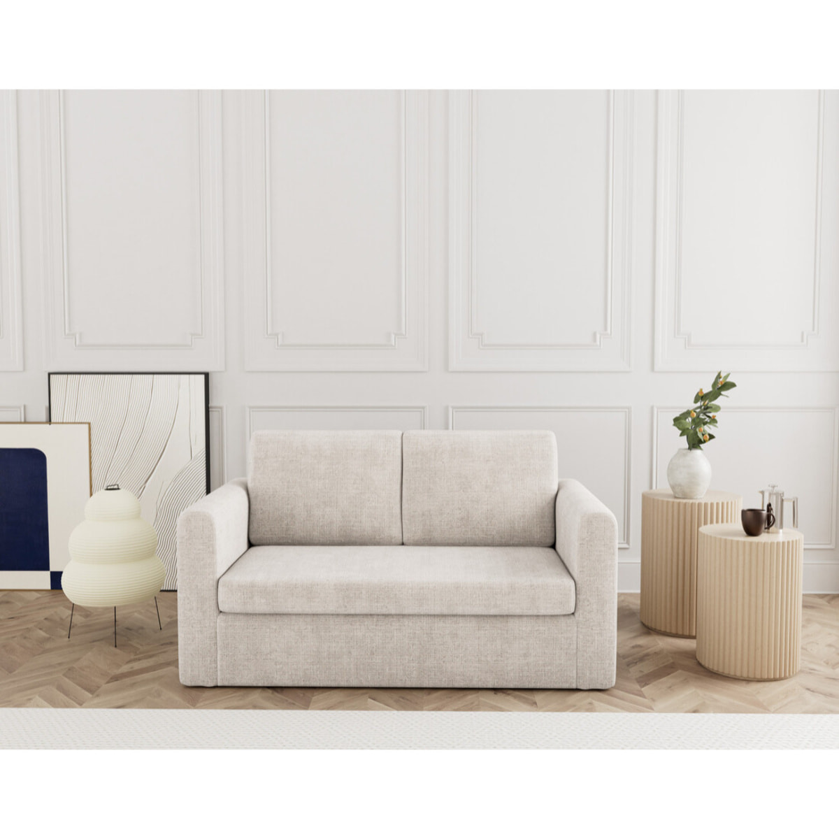 Marilia - Canapé 2 places convertible déplimousse en velours texturé - Beige