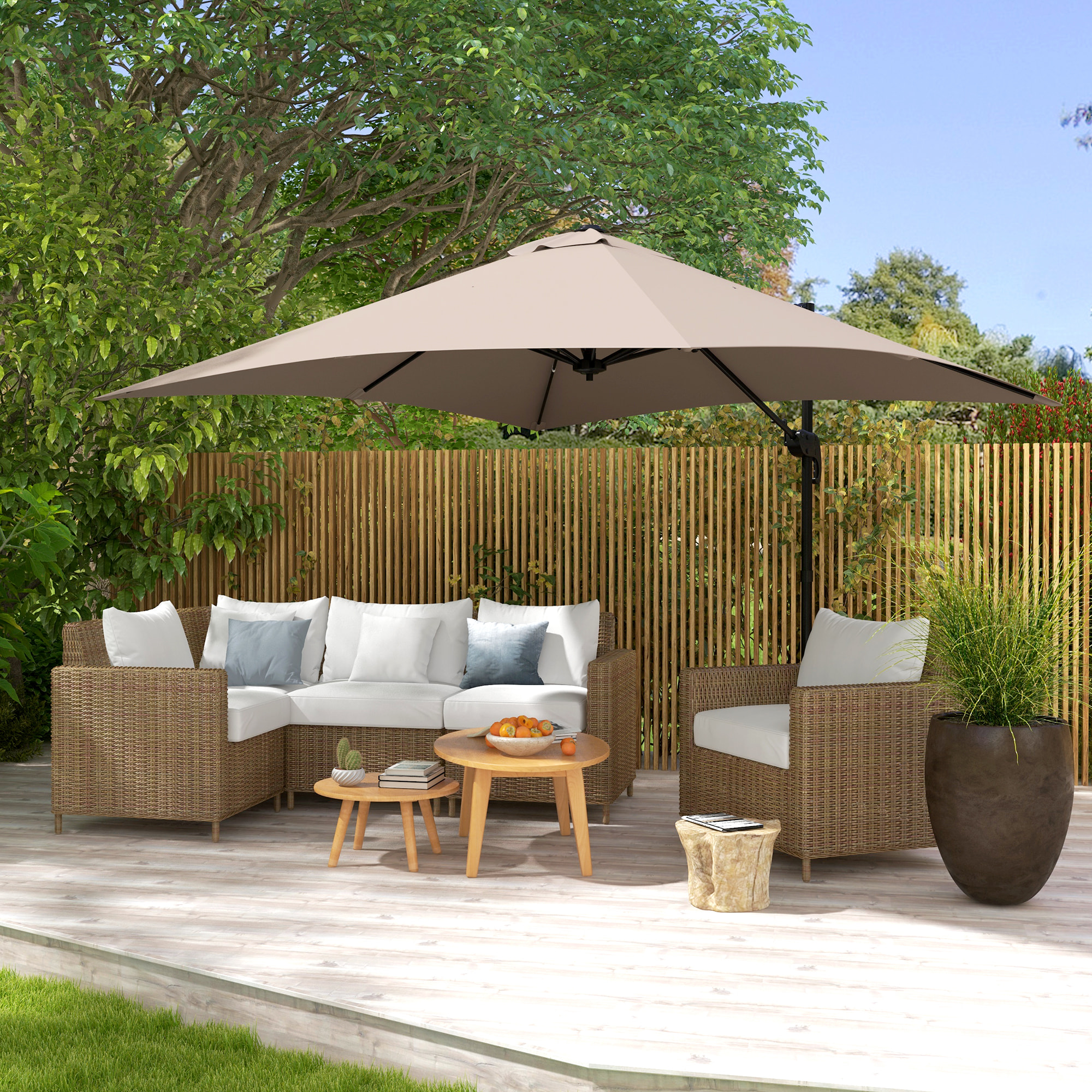 Parasol déporté carré inclinable pivotant 360° manivelle piètement acier dim. 2,95L x 2,95l x 2,66H m taupe