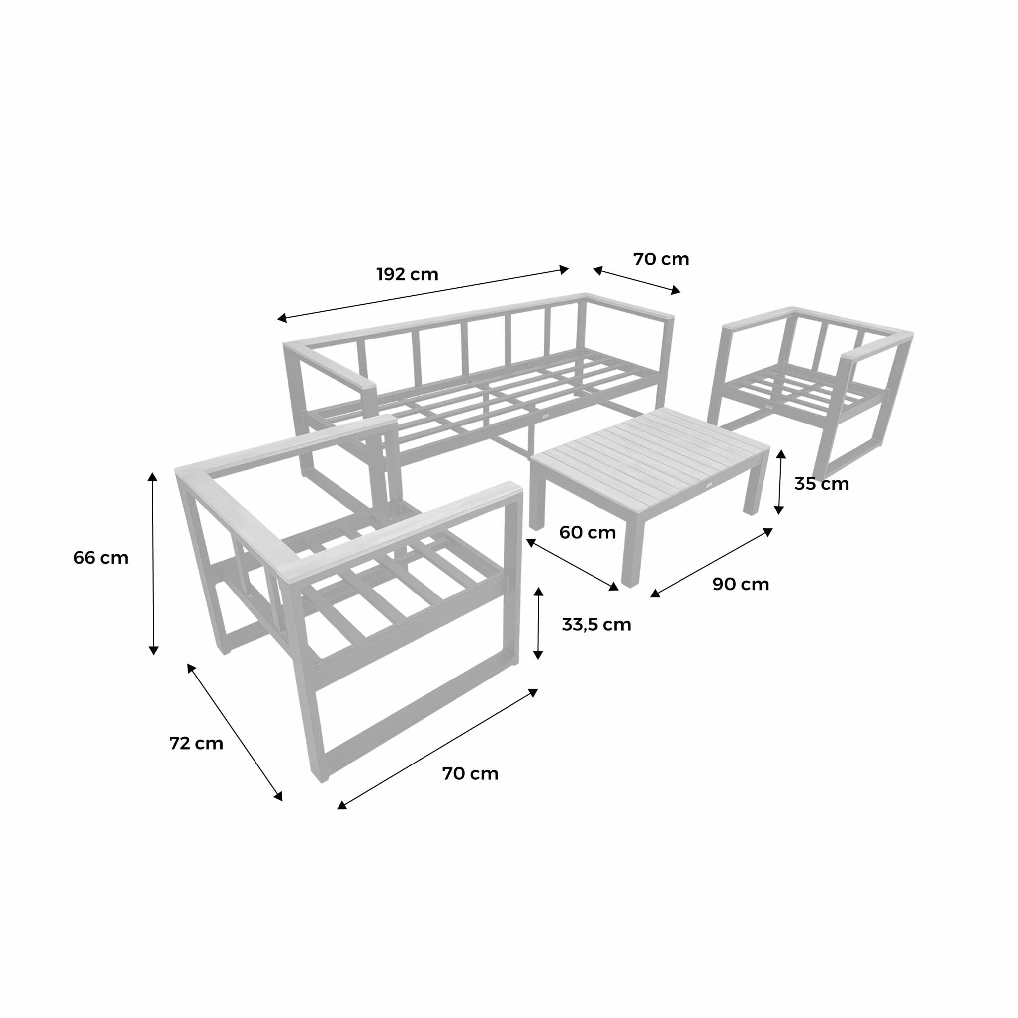 Salon de jardin 5 places en aluminium et eucalyptus – NAZCA – Structure noire. Coussins beige