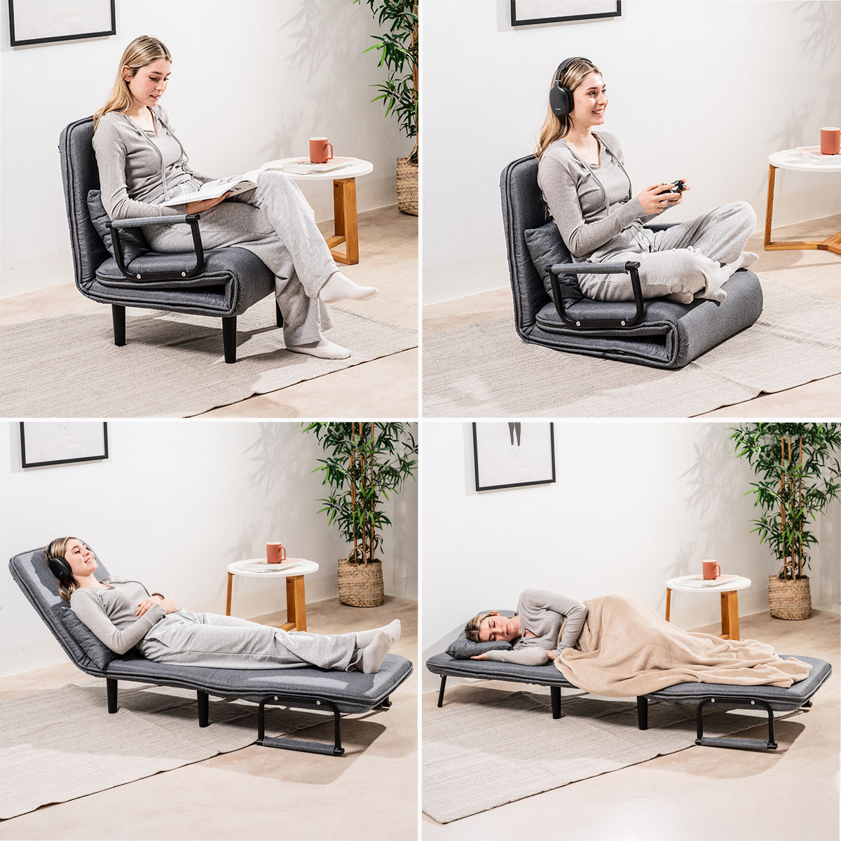 Divano Letto Convertibile Singolo 4 in 1 - grigio e nero - 64x80x68 cm