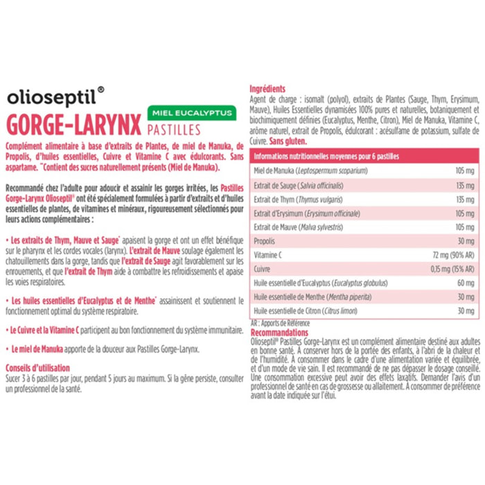 OLIOSEPTIL - Pastilles à Sucer Gorge-Larynx - Apaise et Assainit la Gorge - Sans Sucres Ajoutés - Extraits de Plantes, Vitamine C, Cuivre et Huiles Essentielles - 24 Pastilles